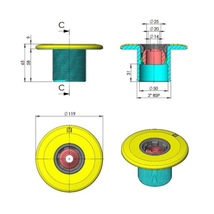 Immagine 2 di Bocchetta Di Mandata Multiflow Filettata per Cemento Armato Piastrellato o Verniciato 00295